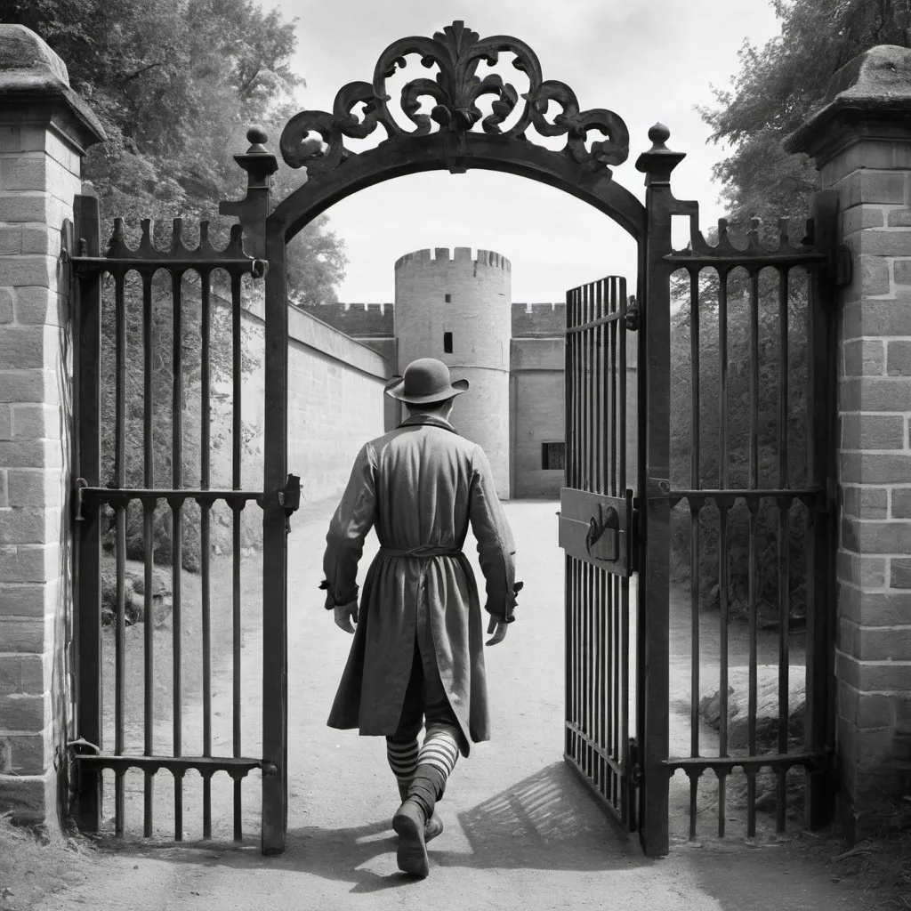 Prompt: A man leaving prison through a gate. 18th century style. Black and white 