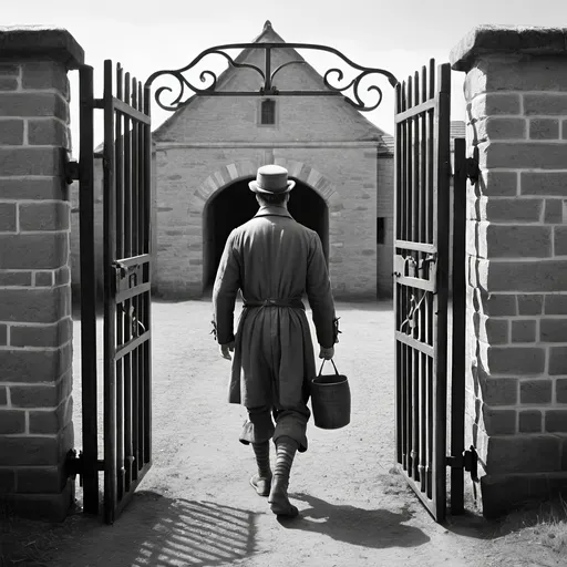 Prompt: A man leaving prison through a gate. 18th century style. Black and white. Multiple images