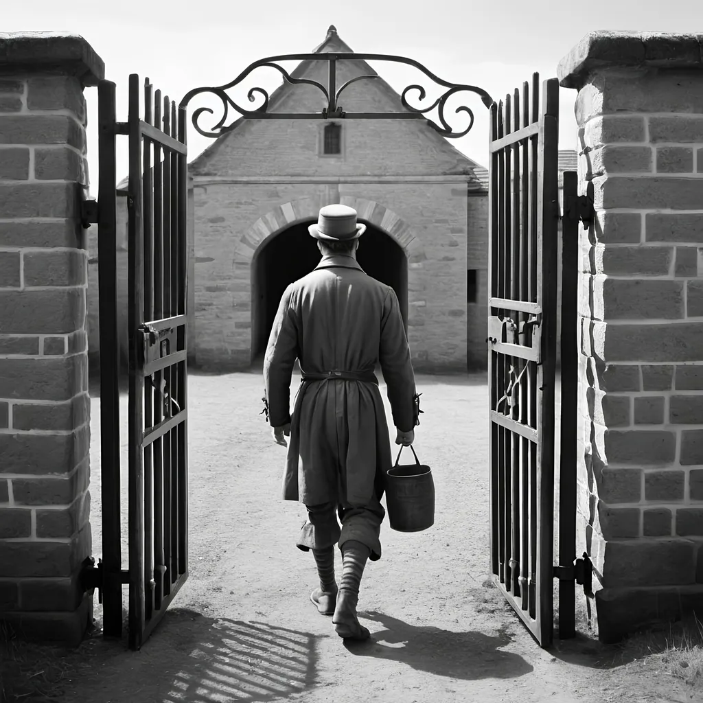 A man leaving prison through a gate. 18th century st...