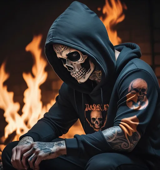 Prompt: a man with a skull face and a hoodie on sitting in front of a fire with a tattoo on his arm, Dom Qwek, dau-al-set, vfx, computer graphics