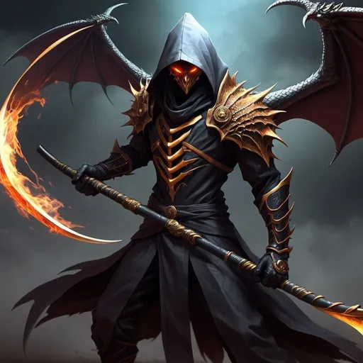 Prompt: Infamous Scythe hero. He can transform into a dragon on will. East dragon. He uses the scythe to use abilities connected to the underworld. His weapon is called the Dragon Scythe. He is the most powerful being to exist. He was raised by dragons.