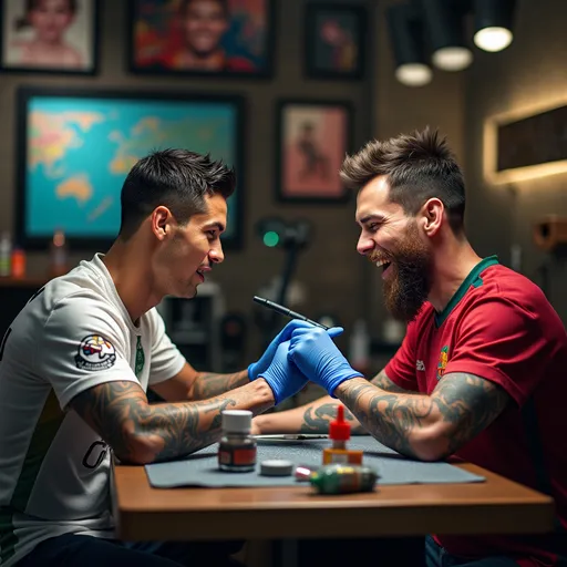 Prompt: (tattoo studio atmosphere), (Cristiano
Ronaldo tattooing Lionel Messi), detailed facial expressions, energetic poses, (realistic lighting), modern decor, tattooing tools cluttered on the table, colorful ink bottles, finely detailed tattoos in process, (4K),
capturing the playful rivalry, cozy ambiance with vibrant artworks on the walls, (ultra-detailed), blurred background items to focus on the