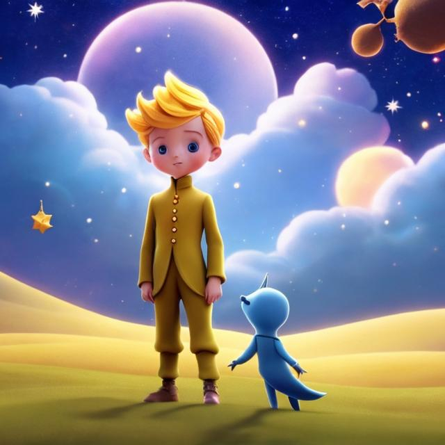 Prompt: Make him like the little prince from the popular book, please make the background more magical art like; more like in the movie released on 2015
