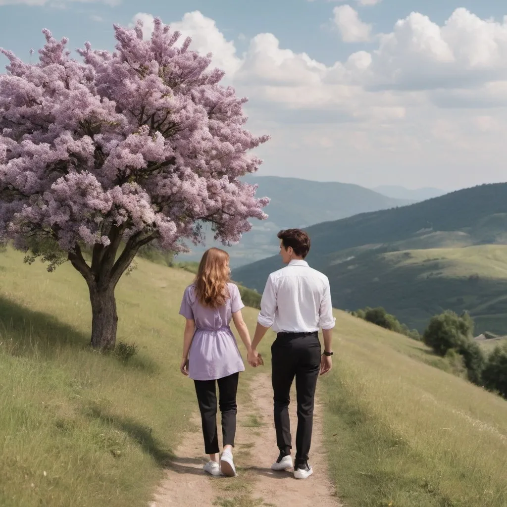 Prompt: A woman with lilac dress and beautiful hair holding hand with a man in white shirt and black trousers and sneakers walking together to a flowery tree on the hills with clear sky and clouds background. We can see them from the back