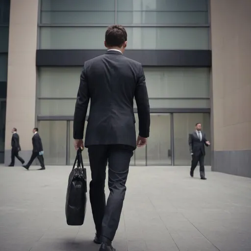 Prompt: A man in suits walking into a building in a modern city for work and he is in a rush