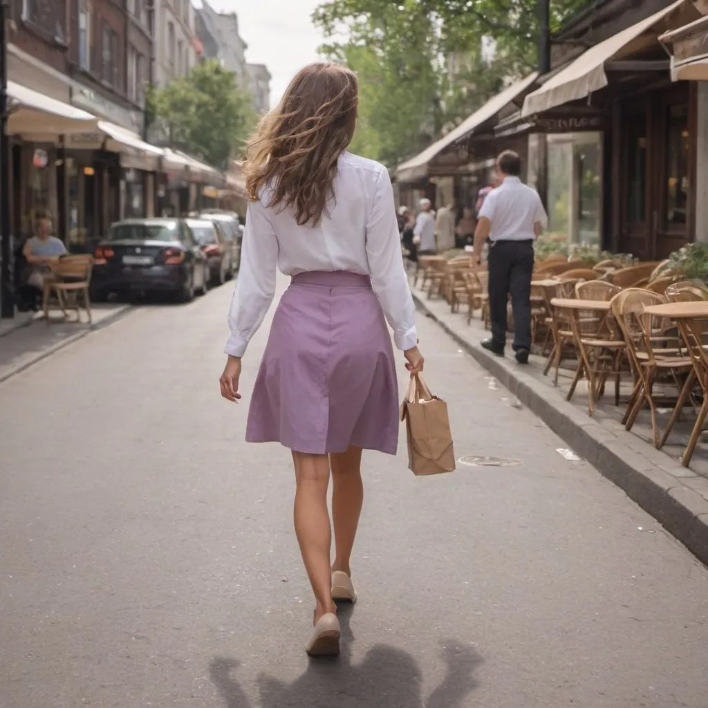 Prompt: a woman in a lilac skirt and white shirt walking to a cafe in a city I see her from back