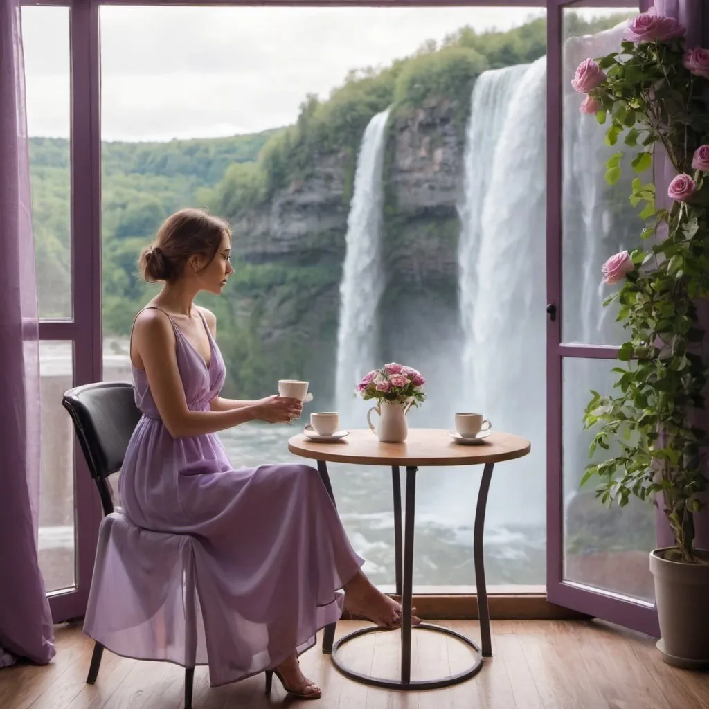 Prompt: A woman in lilac dress sitting on chair with table looking at the waterfall view from a cafe window. A coffee on her table and rose vase 