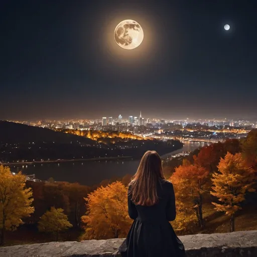 Prompt: a woman look at a city from a hill at night with moon in an autumn season 