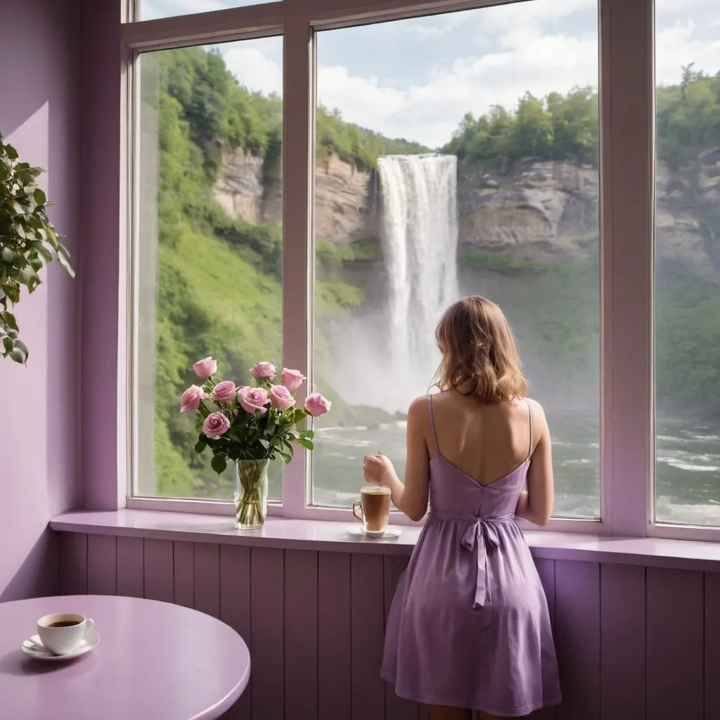 Prompt: A woman in lilac dress looking at the waterfall view from a cafe window. A coffee on her table and rose vase 