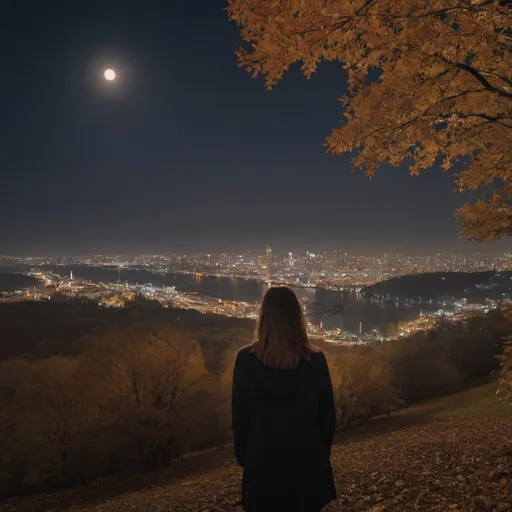 Prompt: a woman look at a city from a hill at night with moon in an autumn season 