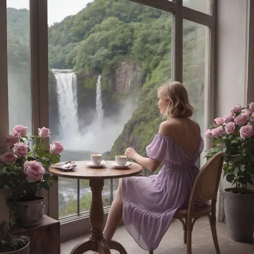 Prompt: A woman in lilac dress sitting on a chair with a rose vas and coffee on table looking at the waterfall view from a cafe window.