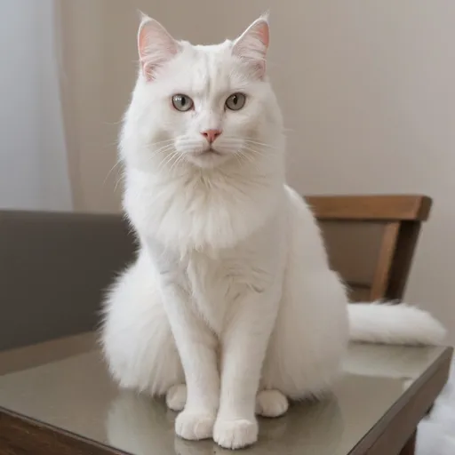 Prompt: A beautiful white cat with beautiful fur and gray eyes sitting on expensive table