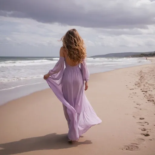 Prompt: A woman in a beautiful long lilac dress walking to a beach side with sky and lilac clouds background. I can see her beautiful hair from back