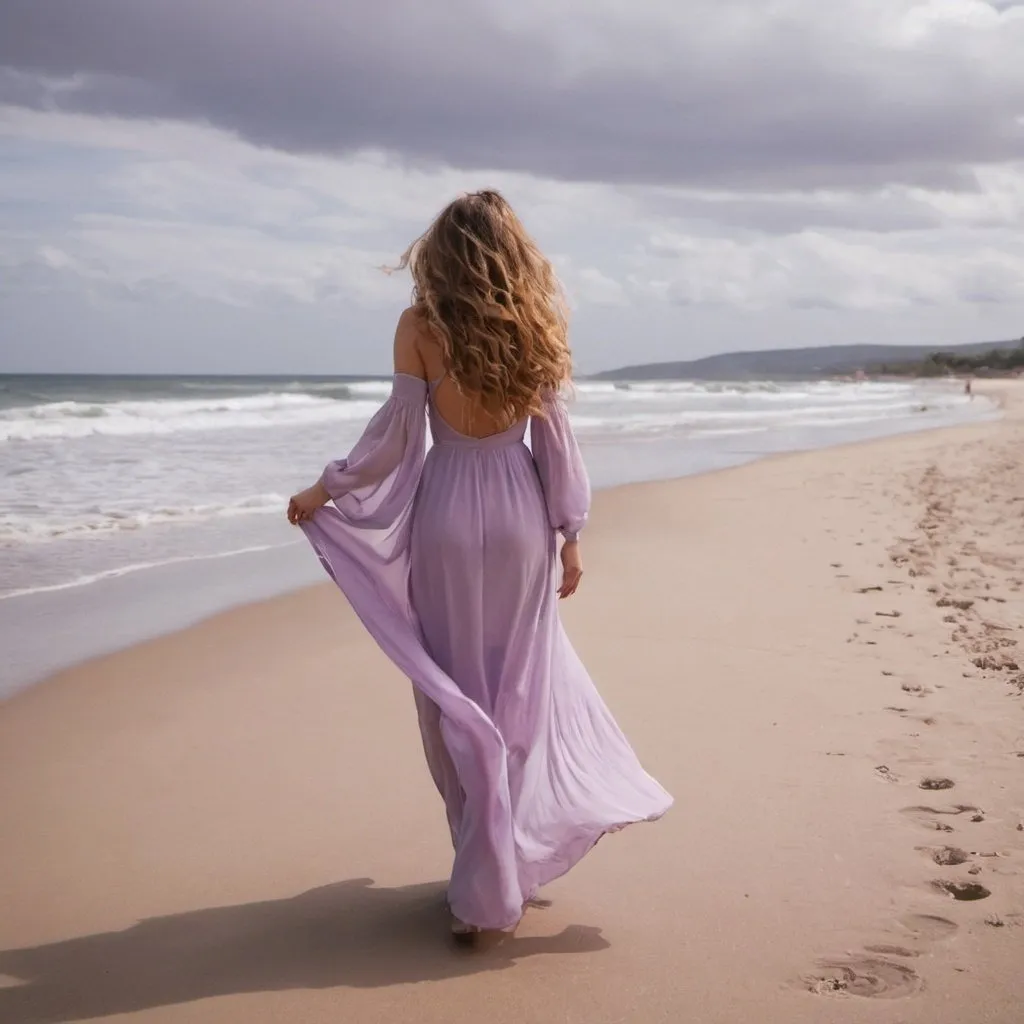 Prompt: A woman in a beautiful long lilac dress walking to a beach side with sky and lilac clouds background. I can see her beautiful hair from back