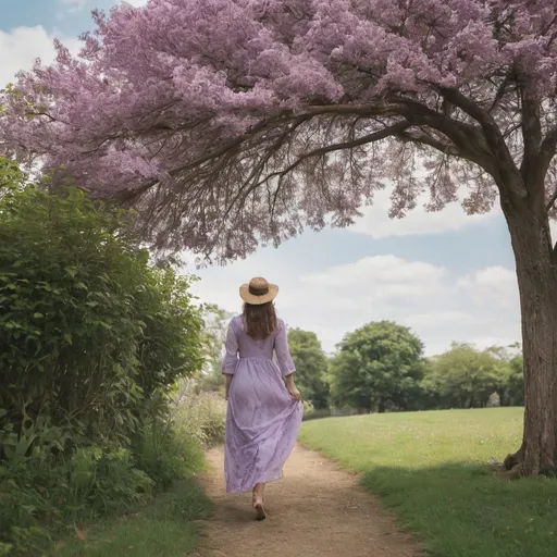 Prompt: A woman in a beautiful long lilac dress walking to a tree in a garden with clear sky and cloud background 