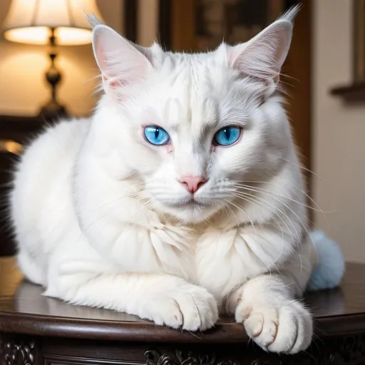 Prompt: A beautiful white cat with beautiful fur and blue eyes sitting on expensive table