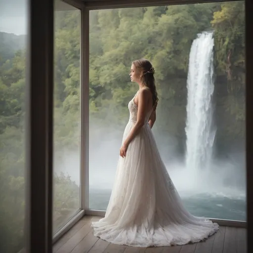 Prompt: A woman in beautiful white wedding  dress looking at the window with waterfall view