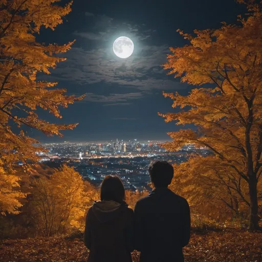Prompt: a couple look at a city from a hill at night with moon in an autumn season 