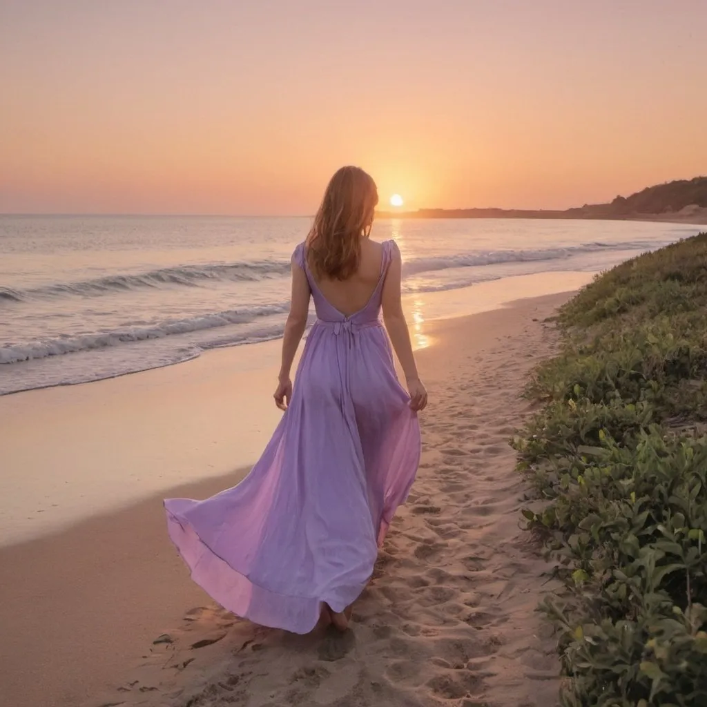 Prompt: A woman in a beautiful long lilac dress walking to a beach side with sunset