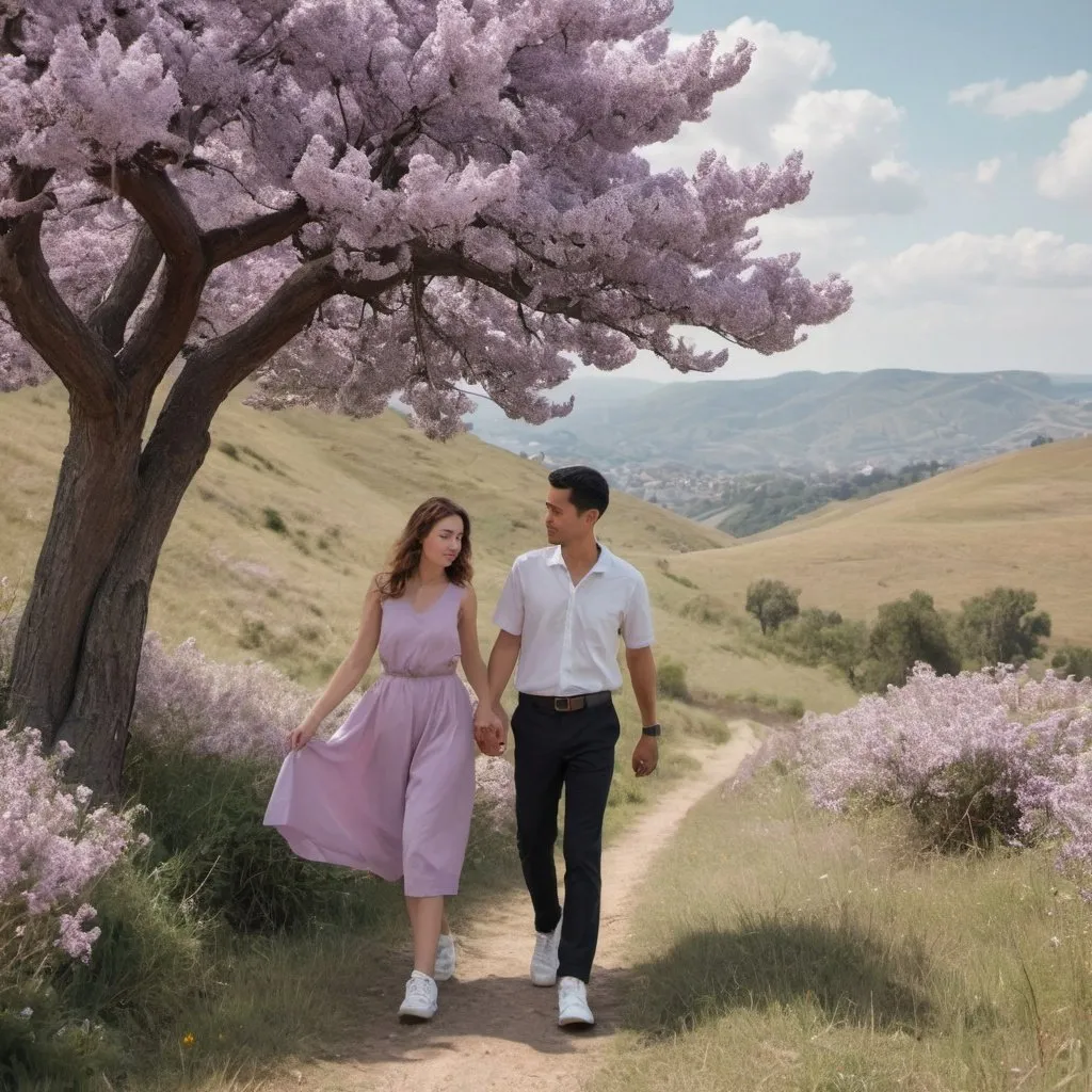 Prompt: A woman with lilac dress and beautiful hair holding hand with a man in white shirt and black trousers and sneakers walking together to a flowery tree on the hills with clear sky and clouds background 