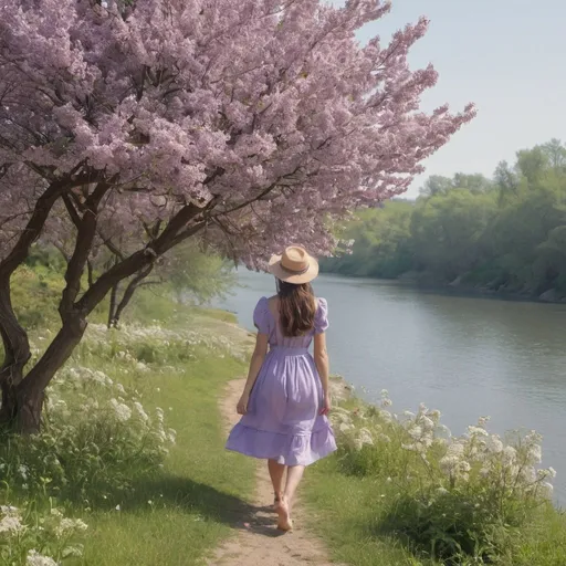 Prompt: A woman in beautiful mini lilac dress walking to a flowering tree in a wide garden with river view from a far away 