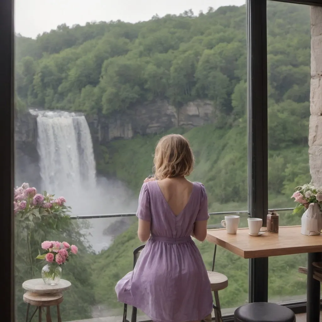 Prompt: A woman in lilac dress looking at the waterfall view from a cafe window. A coffee on her table and rose vase 