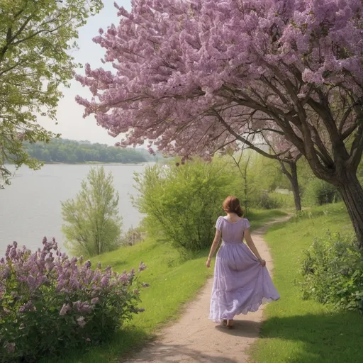 Prompt: A woman in beautiful lilac dress walking to a flowering tree in a wide garden with river view from a far away 