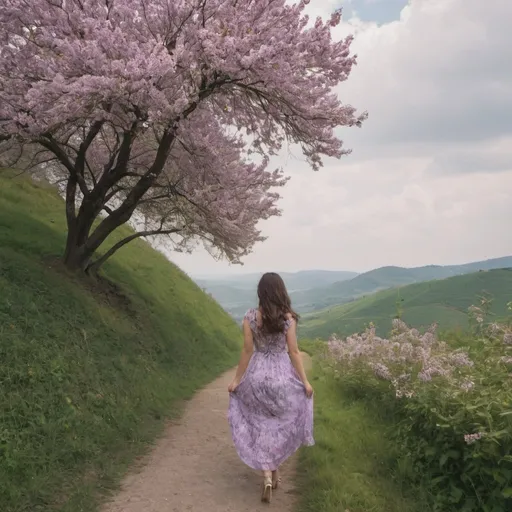 Prompt: A woman in a flowery lilac dress and nice heels walking to a flower tree on the path way in the hill with clear sky and clouds background. We can see her from back with beautiful hair