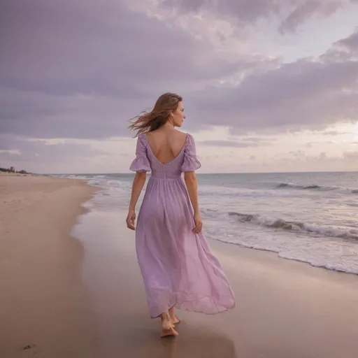 Prompt: A woman in a beautiful long lilac dress walking to a beach side with sky and lilac clouds background 