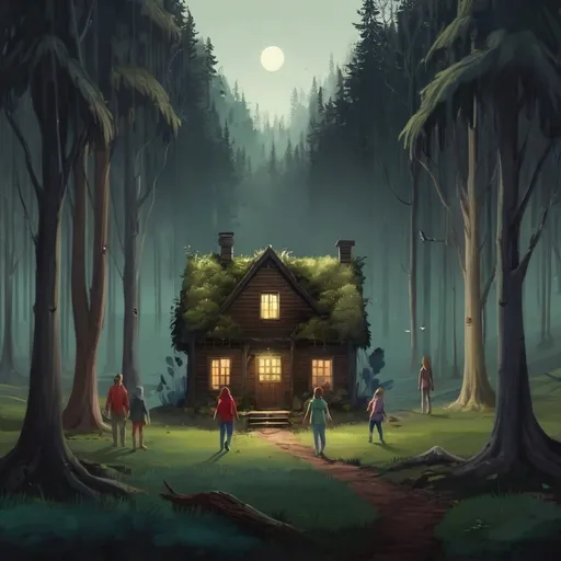 Prompt: dark forest with people and small house 
