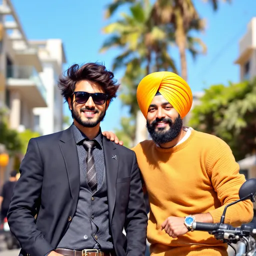 Prompt: Under a bright blue sky, two young men stand side by side, exuding camaraderie and confidence against a backdrop of modern architecture and greenery. One, with tousled hair and fashionable sunglasses, sports a formal dark blazer and tie, while the other, wearing a traditional turban and a cozy sweater, leans casually against a motorcycle. Their smiles and relaxed postures suggest a moment of celebration or friendship, embodying a joyful atmosphere. The vibrant surroundings, with palm trees and a sunlit street, enhance the scene's inviting and lively mood, capturing a snapshot of youthful energy in an urban setting.