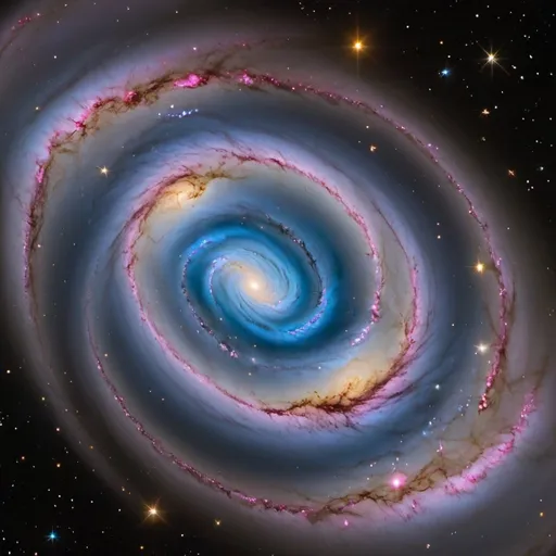 Prompt: Create an image of a galaxy by incorporating the following details and specifications to ensure the final image is both visually stunning and astronomically plausible:

1. **Galaxy Type**: Choose a specific type of galaxy for your image - spiral, elliptical, lenticular or irregular. For example, "Image a spiral galaxy with prominent, well-defined arms, highlighting regions of active star formation."

2. **Astronomical Features**: Incorporate realistic astronomical elements into the image, such as star clusters, emission nebulae (bright red areas where new stars are forming), and dark dust lanes that snake through the arms of the spiral galaxy.

3. **Colors and Lighting**: Specify a vibrant yet realistic color palette, reflecting the typical characteristics of young and old stars (e.g., shades of blue for young, hot stars, yellow to red for older, cooler stars ) and the hazy glow of star-forming regions.

4. **Perspective and Composition**: Indicate the perspective from which the galaxy should be viewed (e.g., "from an angle that clearly shows the spiral structure of the galaxy and its arms, as if we were looking from a point in space slightly above the galactic plane"). Add details about the composition of the image, such as including smaller galaxies or satellites in the background to add depth and context.

5. **Artistic and Stylistic Elements**: In addition to the scientific specifications, feel free to add an artistic touch that visually enriches the image. For example, "Incorporate a visual style that mimics oil paintings to give the galaxy a rich texture and a sense of movement."

When providing these guidelines, ensure that the resulting image is not only an accurate astronomical representation, but also a visually captivating work of art that can inspire awe and curiosity about the universe.


