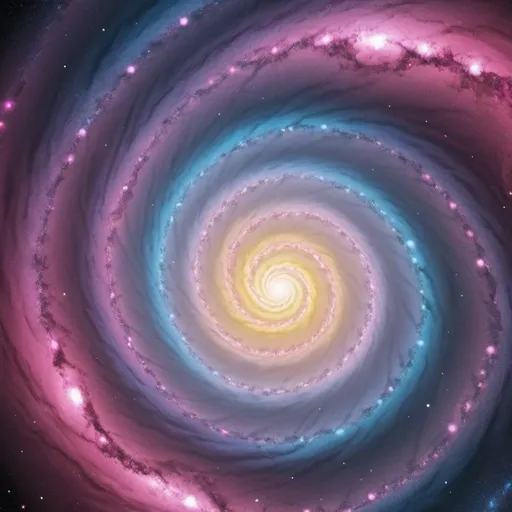 Prompt: create a spiral galaxy with pink, yellow and blue colors
