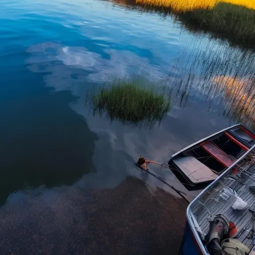 Prompt: A calm lake. Sunrise. A fishing boat floats on the surface of the water. There is a man in a boat wearing a cap, sunglasses and a fishing rod in his hands. There is a big black cat on board.