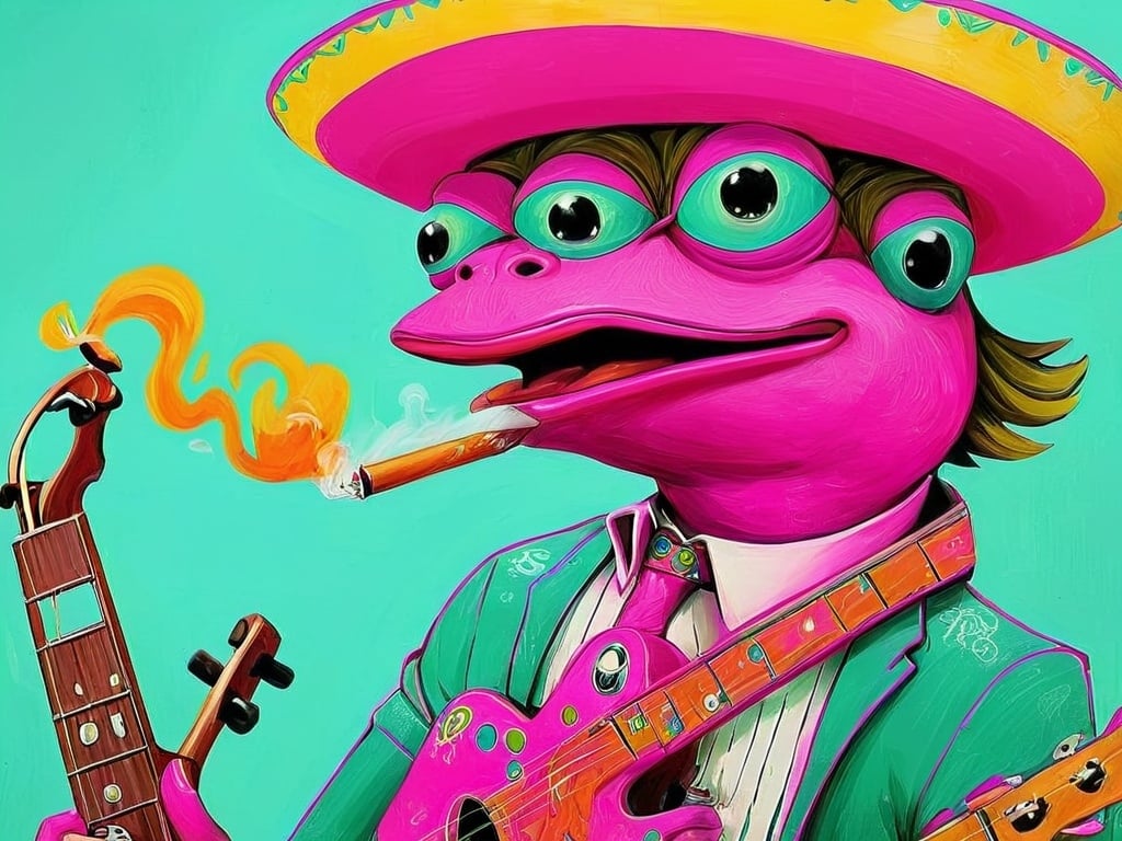Prompt: Pink Pepe frog, mexican mariachi, sci punk color, counterculture, smoking, cool