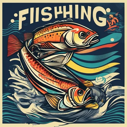 Prompt: modern-style fishing t-shirt design, (sleek), vibrant colors, graphic elements of fish, rods, and waves, youthful vibe, fun typography, abstract patterns, engaging composition, casual summer attire theme, outdoor and adventure-inspired, appealing to fishing enthusiasts, (high quality), ready for screen printing, suitable for apparel printing.