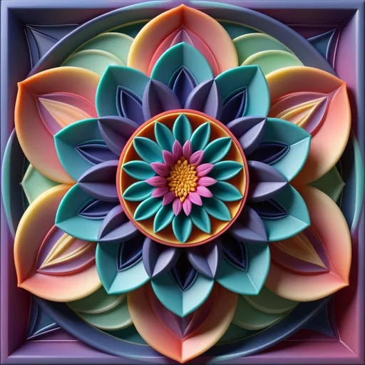 Prompt: A flower of life that is 3D in cool colors and symmetrically centered on a square