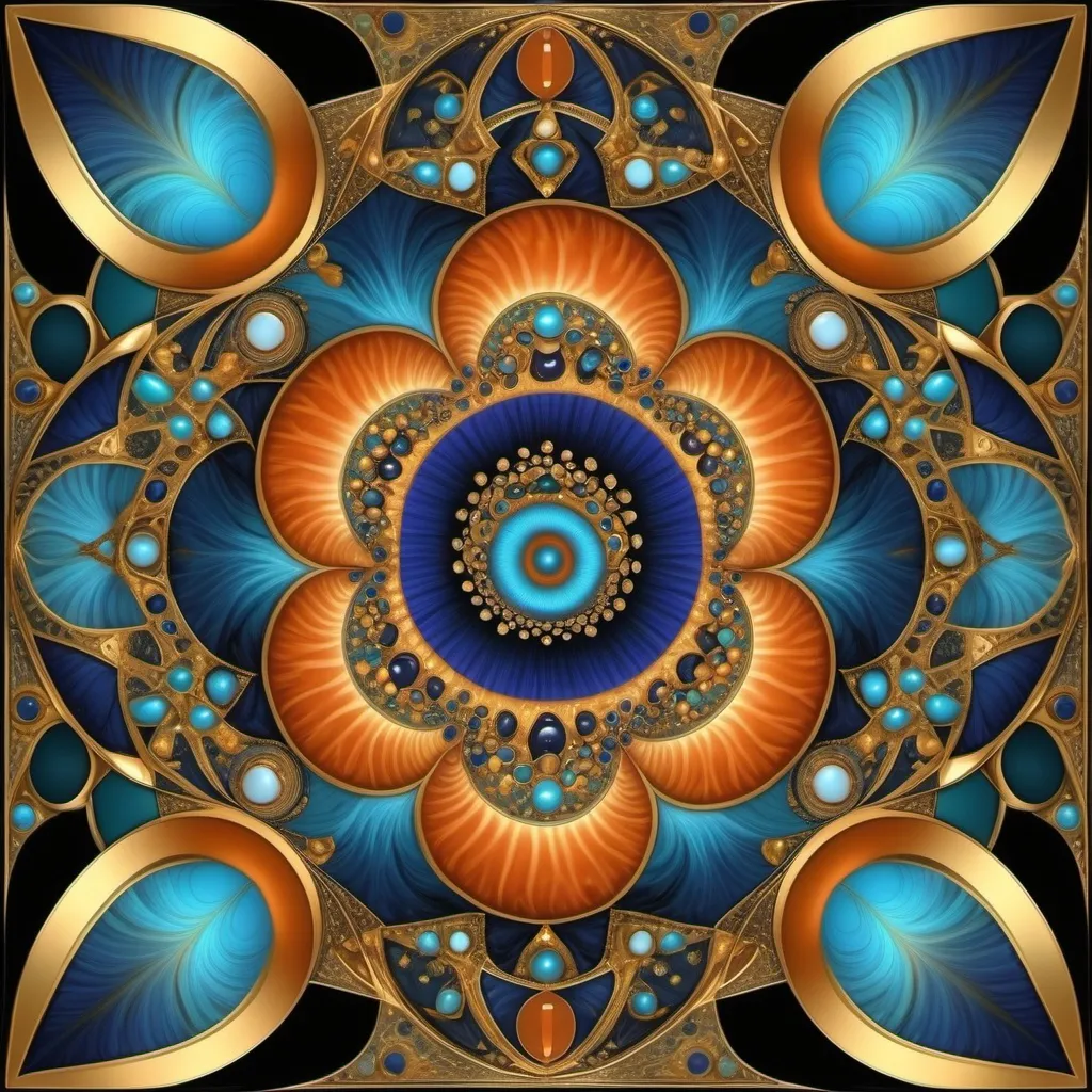 Prompt: Using the fibonacci sequence and geometric motifs and colors from ancient egyptian art, including carnelian, lapis, turqoise, onyx, gold, and malachite create an abstract fractal design that seems to continue into infinity