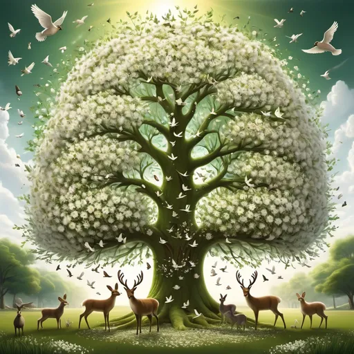 Prompt: A tree of life that is full of every species of bird you can imagine as well as hundreds of white flowers with sun shining and lush green grass at the base with deer and rabbits walking in it. 