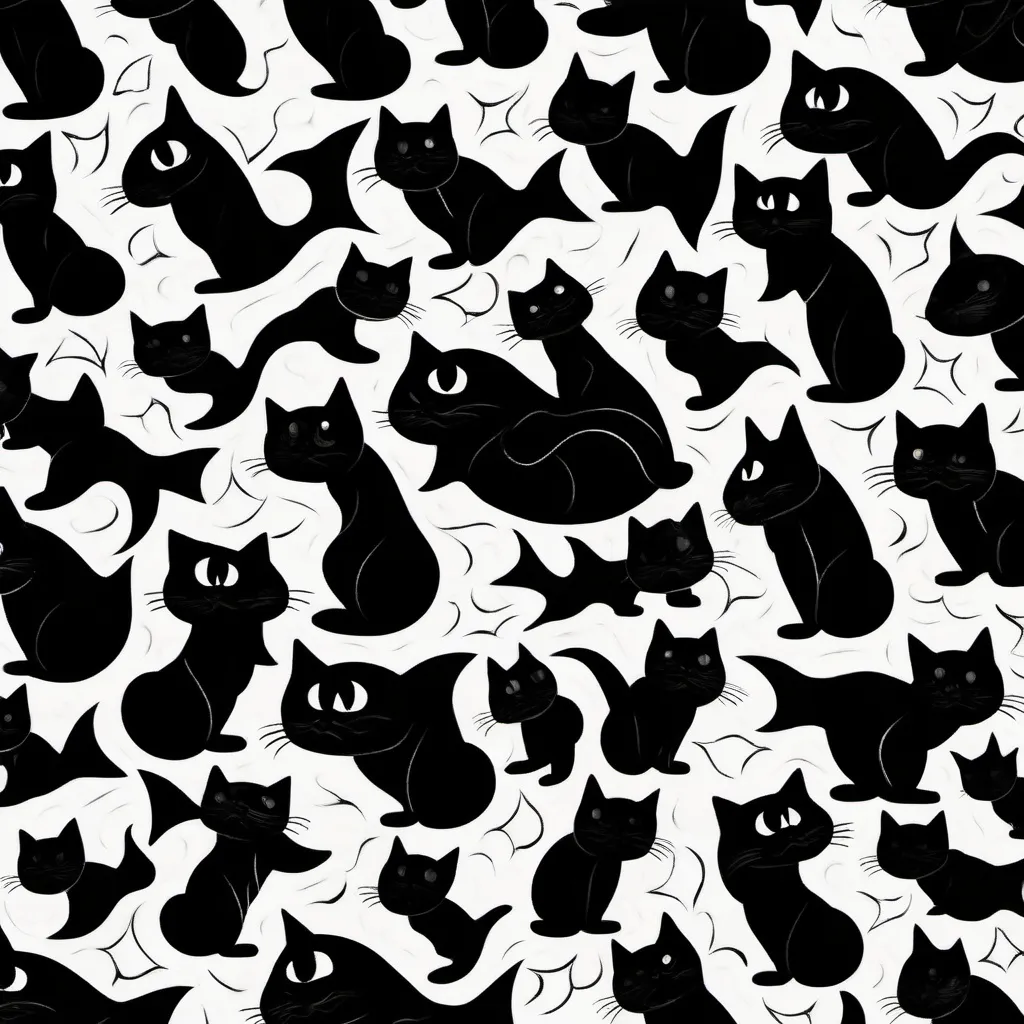 Prompt: A black and white tesselation puzzle pattern in the style of M.C. Escher with a repeated black cat nestled with a repeated goldfish