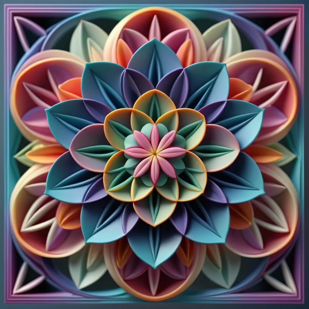 Prompt: A flower of life that is 3D in cool colors and symmetrically centered on a square