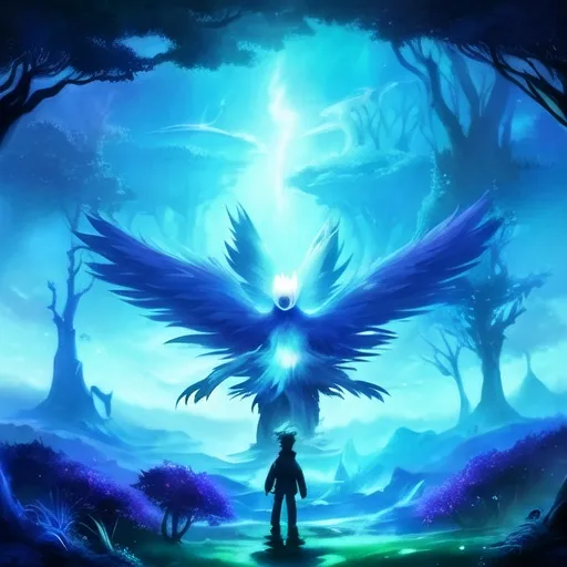 Prompt: a boy spirit mixed with a bird like ori and the blind forest video game looking straight ahead