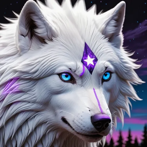Prompt: White Wolf Purple eye light blue stripes across chest black sky with fall stars 