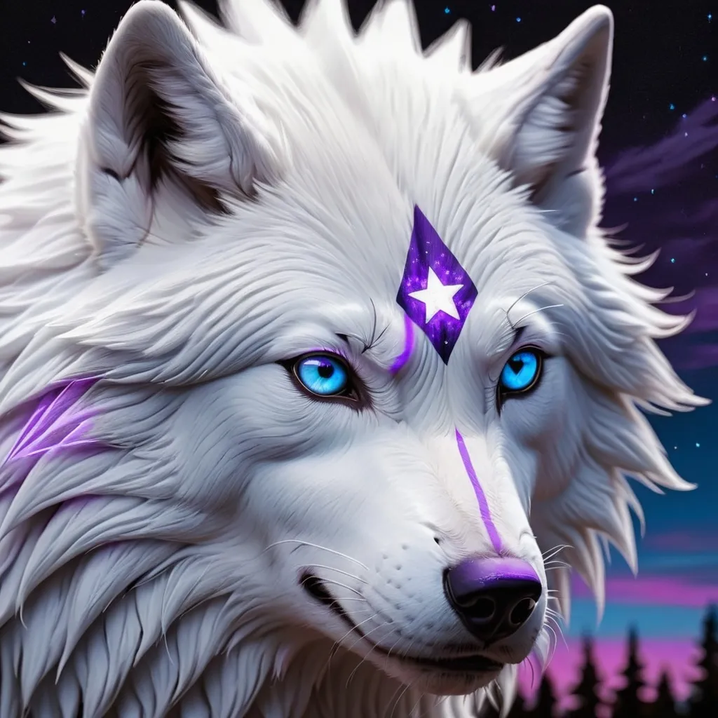 Prompt: White Wolf Purple eye light blue stripes across chest black sky with fall stars 