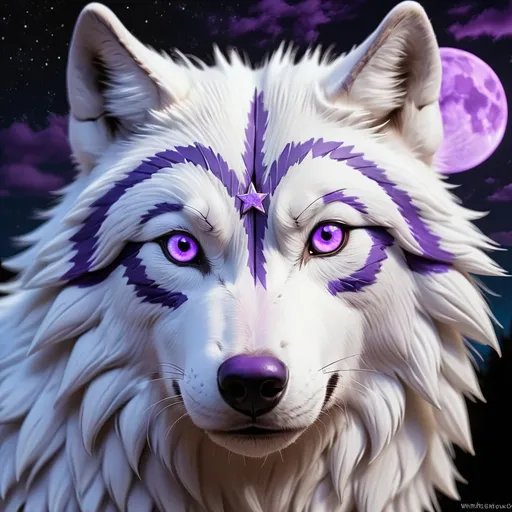 Prompt: White Wolf Purple eye light blue stripes across chest black sky with fall stars 