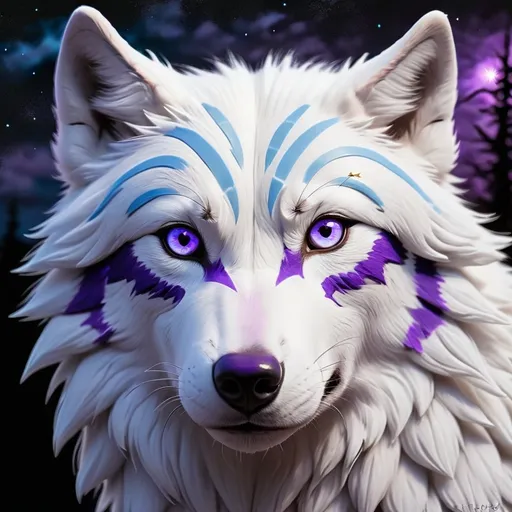 Prompt: White Wolf Purple eye light blue stripes across chest black sky with fall stars 