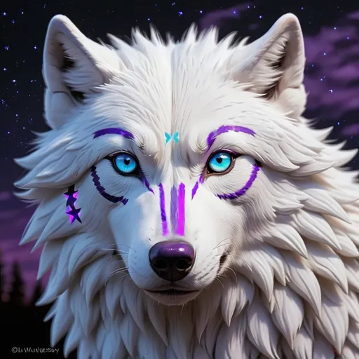 Prompt: White Wolf Purple eye light blue stripes across chest black sky with fall stars 