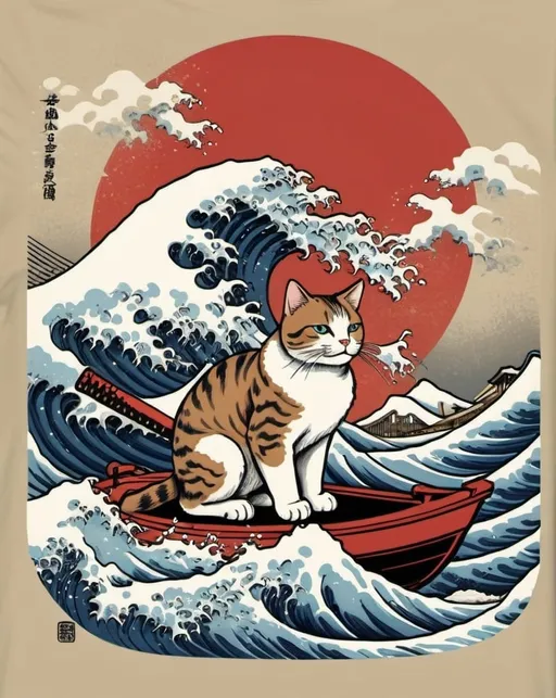 Prompt: Japanese retro design featuring a samurai cat and the famous Great Wave off Kanagawa by Katsushika Hokusai. Perfect for samurai fans, cat lovers and fans of Japanese art, culture and history for t-shirt design