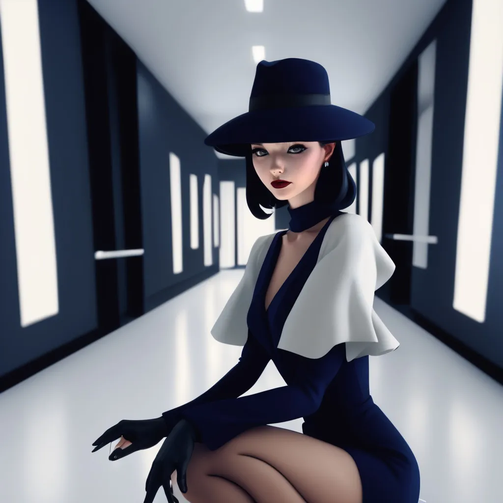 Prompt: a female in a black hat wearing heels taking pictures, in the style of daz3d, ilya kuvshinov, bunnycore, dark blue, elegantly formal, sparse and simple, ray eames cartoon character standing in a high heeled shoe with her eyes, in the style of realistic chiaroscuro lighting, light navy and black, karencore, layered gestures, soft mist, crisp and clean lines, realistic forms