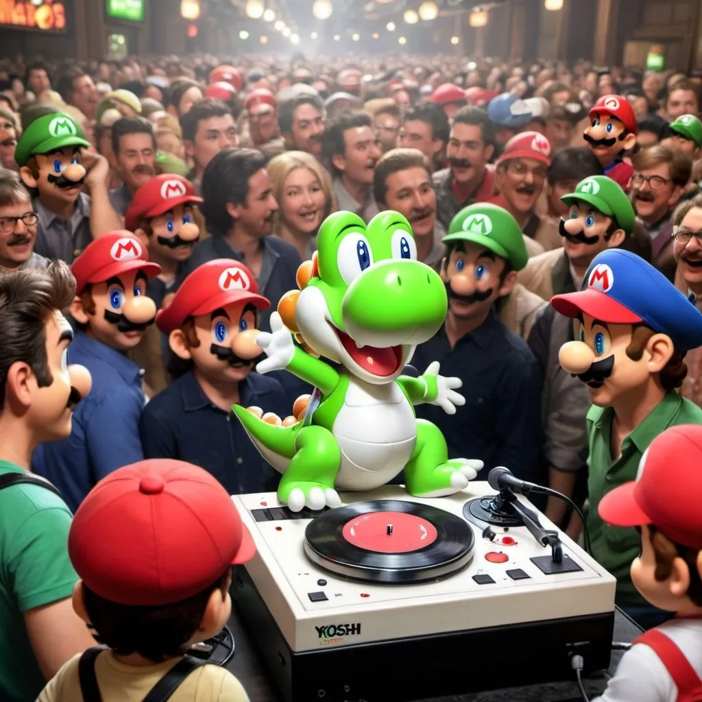 Prompt: yoshi playing music on a turntable in a crowd of many mario's